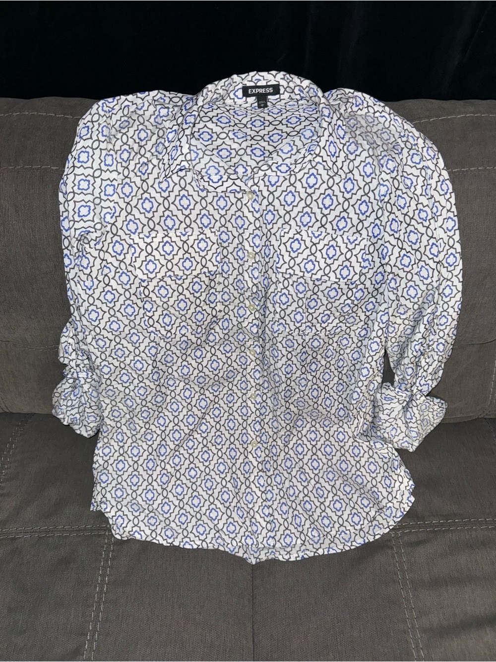 Express White Button-Down Shirt with Blue Geometric Print